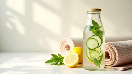 Refreshing Detox Water Still Life, A Clear Glass Bottle Featuring Cucumber, Lemon, and Mint on a White Surface