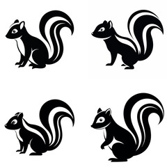 Four Black and White Skunk Illustrations with Varying Poses and Tail Positions on White Background