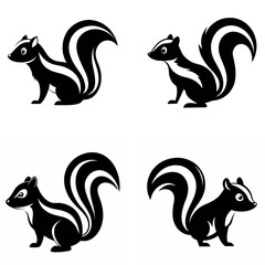 Four Black and White Skunk Illustrations with Striped Tails on a White Background
