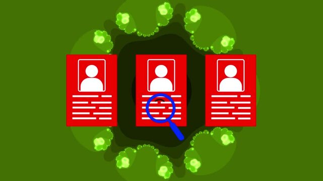 Video animation icon magnifying glass. cv resume animated job application seeking employment recruitment accepted and rejected approved. document check magnifying glass with fractals screen background