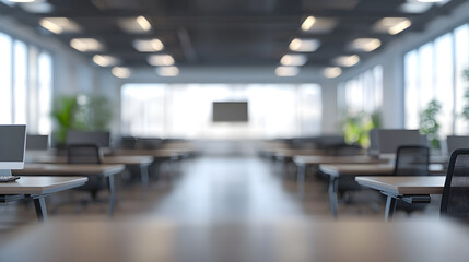 Blur of modern conference room with modern work desk and comfortable chairs Prepare for a business meeting
