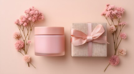 Pink gift box and cream jar with flowers