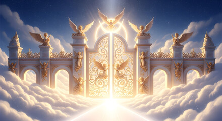 This image depicts a grand and ethereal vision of what appears to be the gates of heaven, nestled amongst soft, billowy clouds in a radiant sky. A powerful, golden light emanates from behind intricate