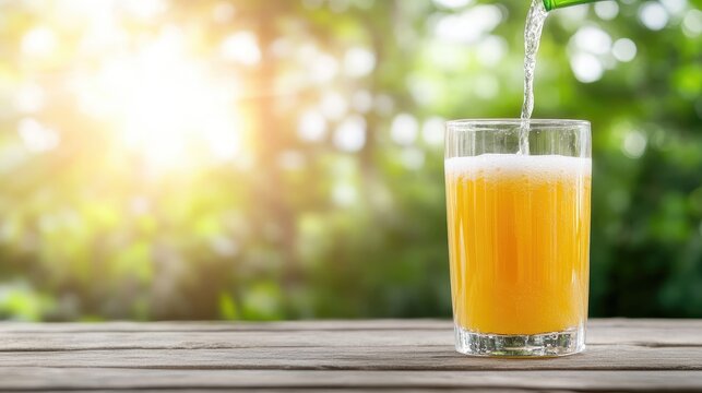 Light beer being poured into a glass outdoors