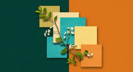 Botanical flat lay on colorful geometric background