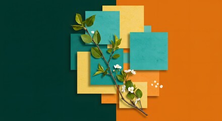 Pastel paper squares with blooming branch overlay