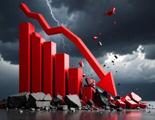 経済の危機：崩壊するグラフと下降する矢印が示す市場の低迷 - 世界経済の不確実性と未来への懸念