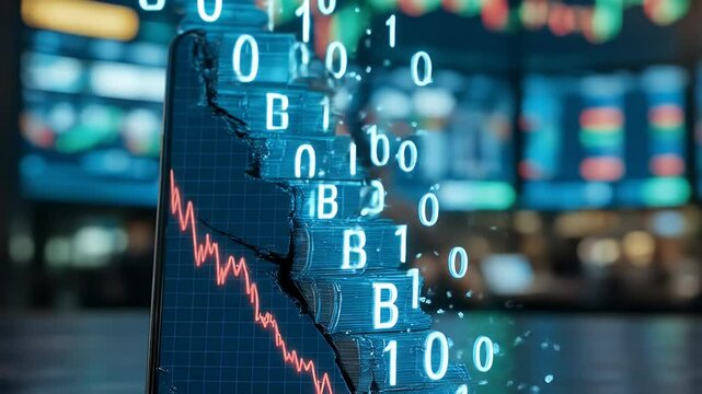Financial market decline visualized graphic design showing decomposing digital code and downward trend