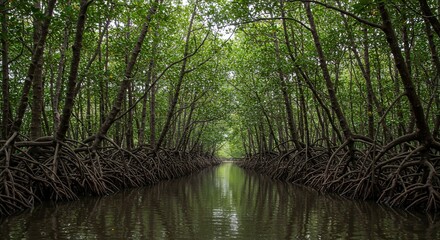 Obraz premium Serene mangrove forest waterway with dense root systems and lush green canopy