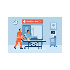 Flat Vector Illustration of Emergency Room with Paramedic and Patient on Stretcher © okiriskiaakbar