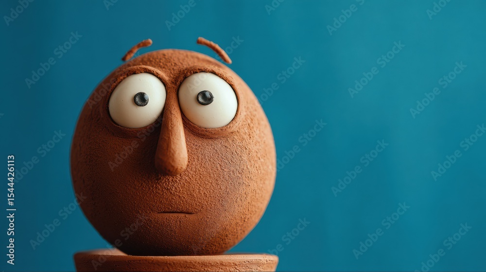 Poster clay character with wide eyes expressing curiosity against a minimal blue background