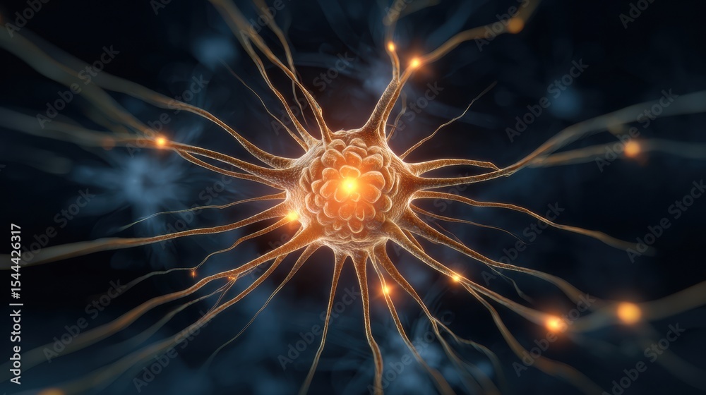 Poster brain center emitting light with nerve rays dispersing in radial formation highlighting neural conne