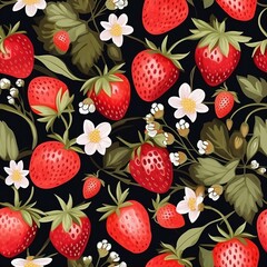 Vibrant Strawberry Pattern Seamless Red Berries and Blossoms on Dark Background