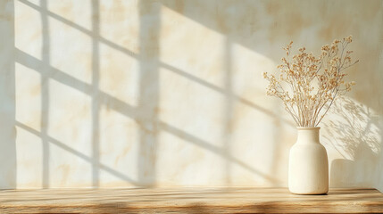 Serene tabletop scene featuring simple vase with dried flowers, casting soft shadows textured