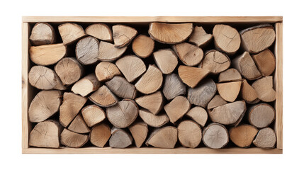 Wood log slices isolated on transparent background arranged in wooden frame for natural decor