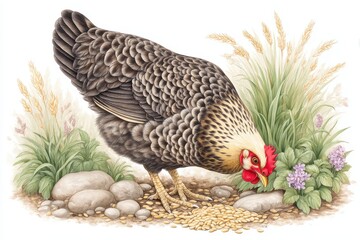 Grey Hen Pecking Grains Amongst Rocks and Wildflowers
