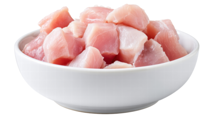 Raw meat isolated on transparent background in white bowl with fresh texture