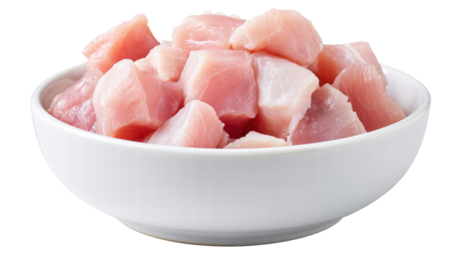 Raw meat isolated on transparent background in white bowl with fresh texture
