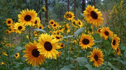 Field of Yellow Sunflowers Blooming in Lush Green Meadow