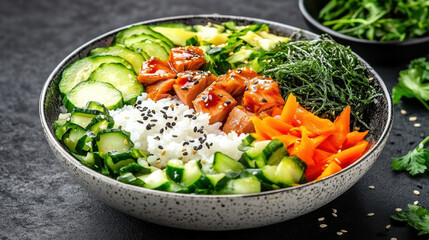 Vibrant poke bowl featuring fresh tuna, rice, seaweed, and colorful vegetables