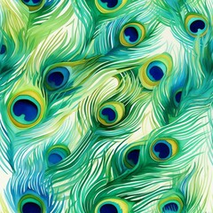Vibrant Peacock Feathers Watercolor Seamless Pattern Teal, Green, and Blue Avian Design
