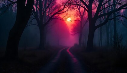 Majestic Sunset Path Through a Misty Forest Road at Dusk with Dark Trees