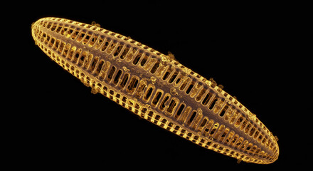 Detailed close-up of a diatom with intricate patterns and textures against a black background