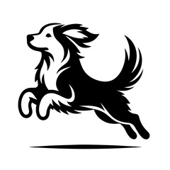 Black and white vector silhouette of a dog jumping on white background