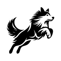 Black and white vector silhouette of a dog jumping on white background