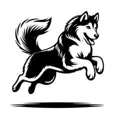 Black and white vector silhouette of a Husky jumping on white background