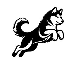 Black and white vector silhouette of a Husky jumping on white background
