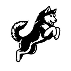Black and white vector silhouette of a Husky jumping on white background