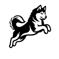 Black and white vector silhouette of a Husky jumping on white background