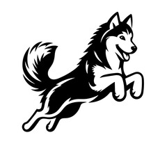 Black and white vector silhouette of a Husky jumping on white background