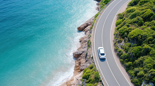Winding coastal road curves along shoreline, with car driving beside vibrant blue ocean