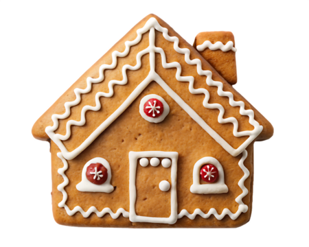 Gingerbread House Cookie Decorated with White Icing Zigzag Pattern Red Snowflake Candies Brown Cookie Isolated on a transparent background