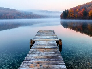 high-quality photograph, serene lakeside landscape at dawn with mist over the water and a wooden dock leading into the lake. Generative AI
