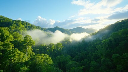 Obraz premium Lush green valley shrouded in morning mist, sunlight filtering through clouds
