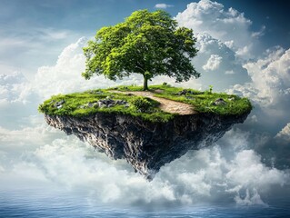 Surreal Floating Island with Tree and Scenic Cloudy Sky
