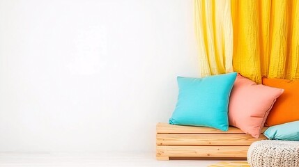 Elegant Living Room with Colorful Cushions and Soft Drapery