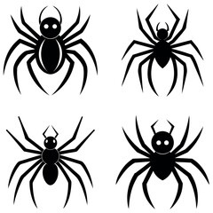Four Silhouetted Spider Designs Simple Illustrations of Arachnids with Different Body Types and Leg Styles