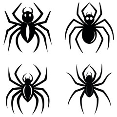 Four Stylized Black Spider Illustrations Isolated on White Background for Halloween Decoration