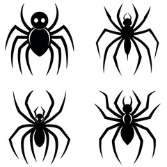 Four Black Spider Illustrations with Different Designs on a White Background Stock