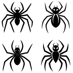 Four Black and White Spider Silhouettes with Variations in Body Shape and Leg Design