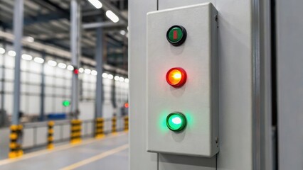 Control panel with colored lights in a modern industrial setting, indicating operational status and workflow management.
