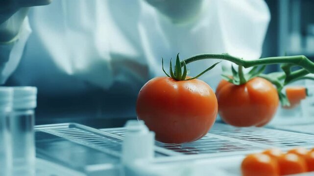 Close up hands of a scientist injecting liquid on tomato at modern laboratory	