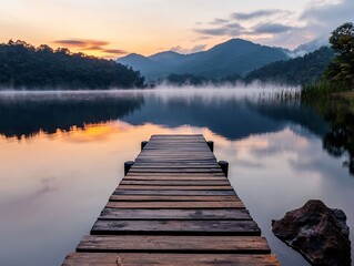 high-quality photograph, serene lakeside landscape at dawn with mist over the water and a wooden dock leading into the lake. Generative AI