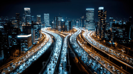 Fototapeta premium Aerial view of bustling city highway at night, illuminated by city lights and vehicle headlights