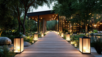 Obraz premium Serene garden pathway illuminated by lanterns, surrounded by lush greenery and soft lights