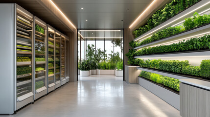 Urban seed bank with transparent storage, showcasing vibrant greenery and modern design